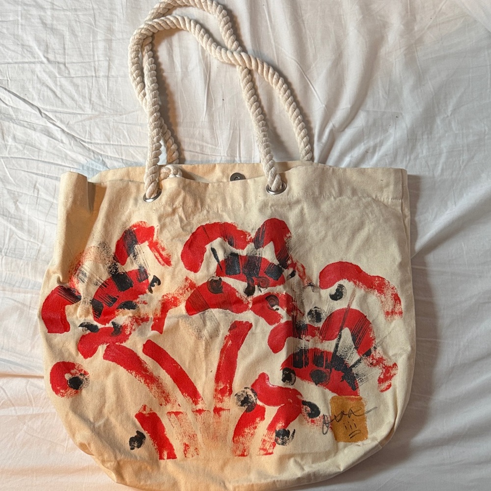 Hand Painted Crown and Bloom Cotton Canvas Tote Bag with Red Graphic Print